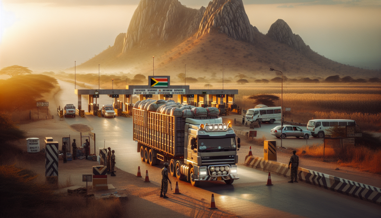 Freight truck on Zambia M11 highway approaching Lusaka with Copperbelt copper-red landscape