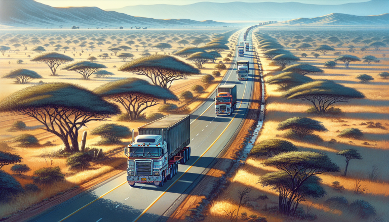 Convoy of freight trucks driving through Zimbabwe savanna on SADC North-South Corridor highway