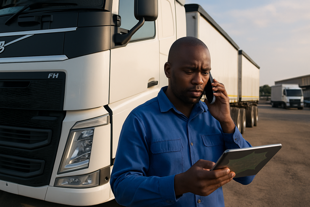South African truck operator consulting tablet at Volvo FH depot while on a phone call