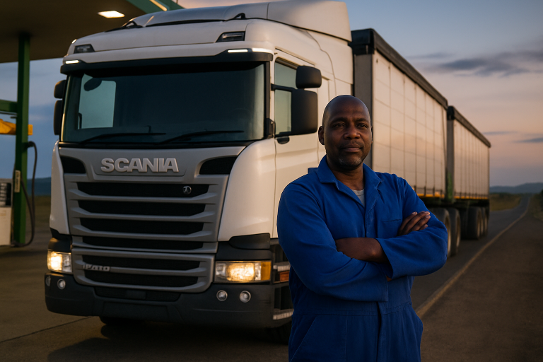 South African truck driver in blue overalls leaning against Scania interlink at fuel stop on N1 highway