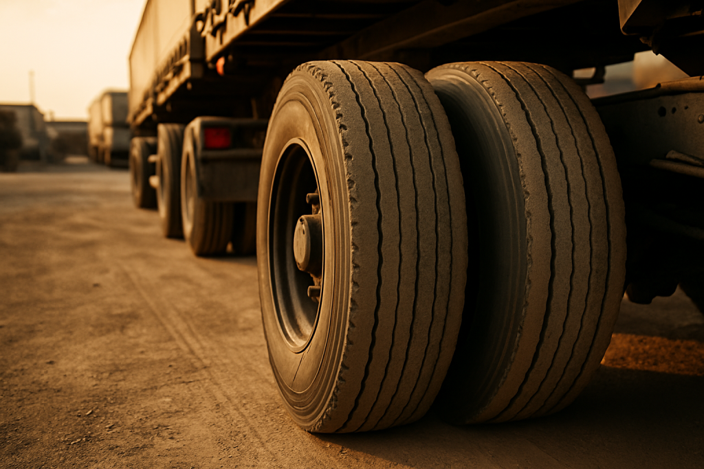 Dual rear tyres of heavy interlink truck at Gauteng freight depot — tyre CPK and wear patterns
