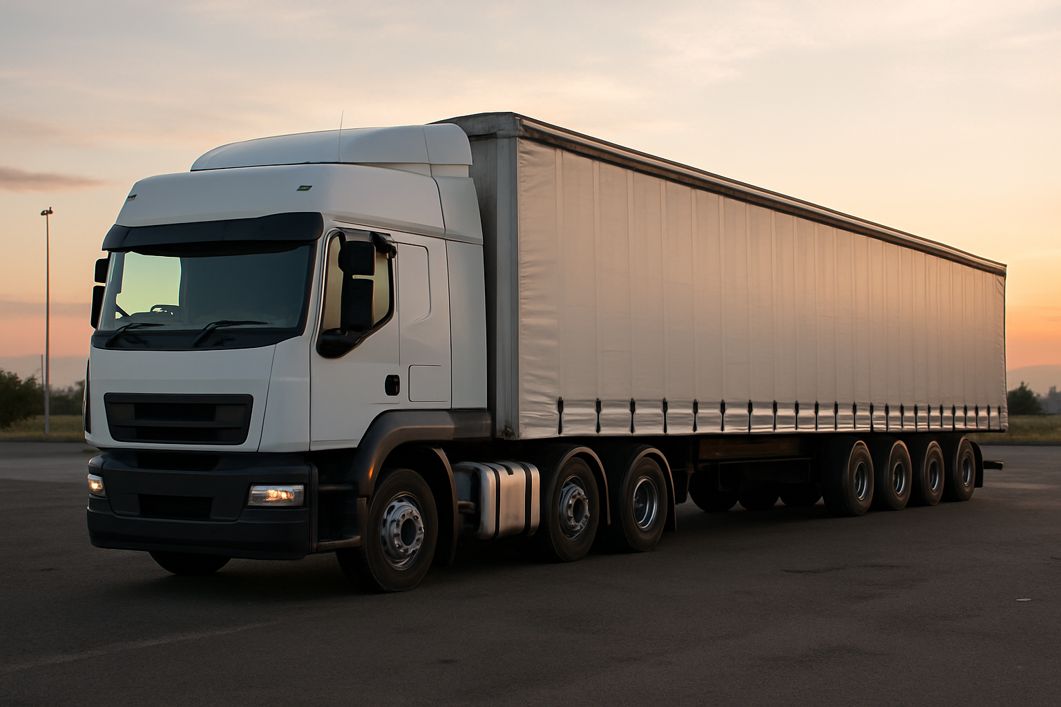 A 6x4 long-haul truck-tractor with one steering axle and two drive axles, coupled to a curtain-side semi-trailer