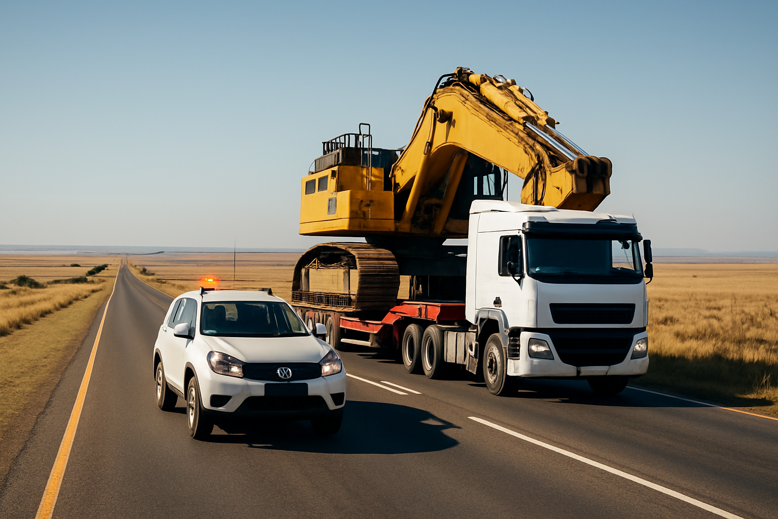 A low-bed trailer carrying a tracked excavator on a South African national road, with an escort vehicle ahead