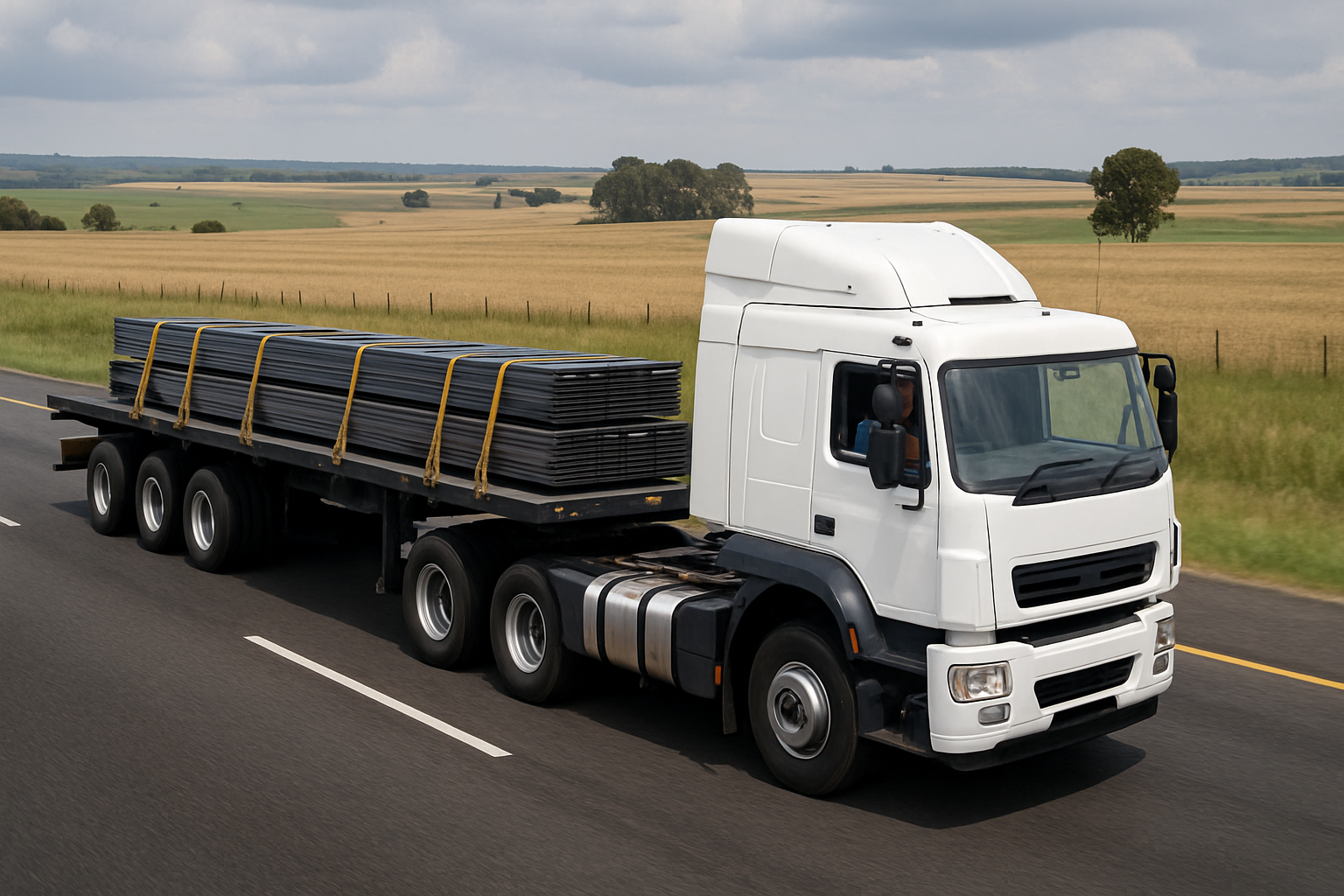 South African articulated truck, a truck-tractor horse coupled to a flatdeck semi-trailer carrying strapped steel