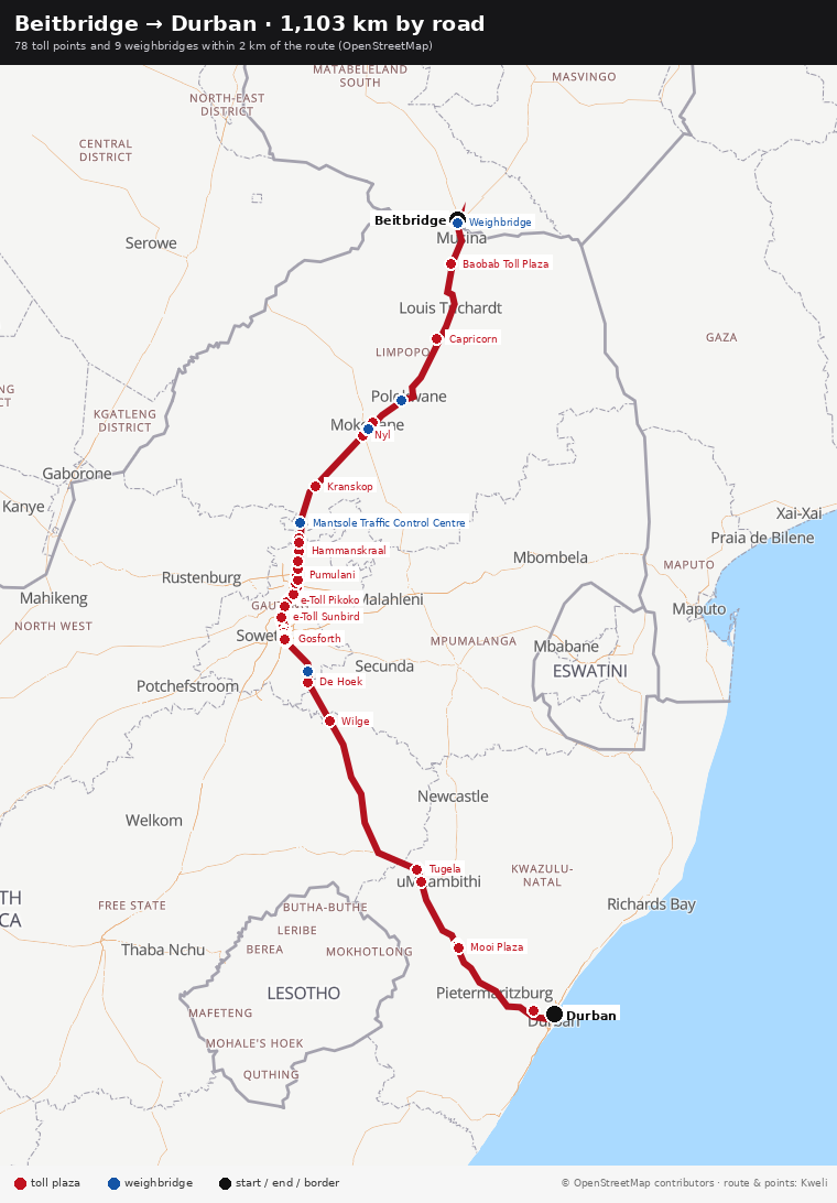 Beitbridge to Durban, 1,103 km by road — 78 toll points and 9 weighbridges within 2 km of the route, including Baobab, Capricorn, Kranskop, Hammanskraal, Gosforth, Tugela and Mooi Plaza (OpenStreetMap)