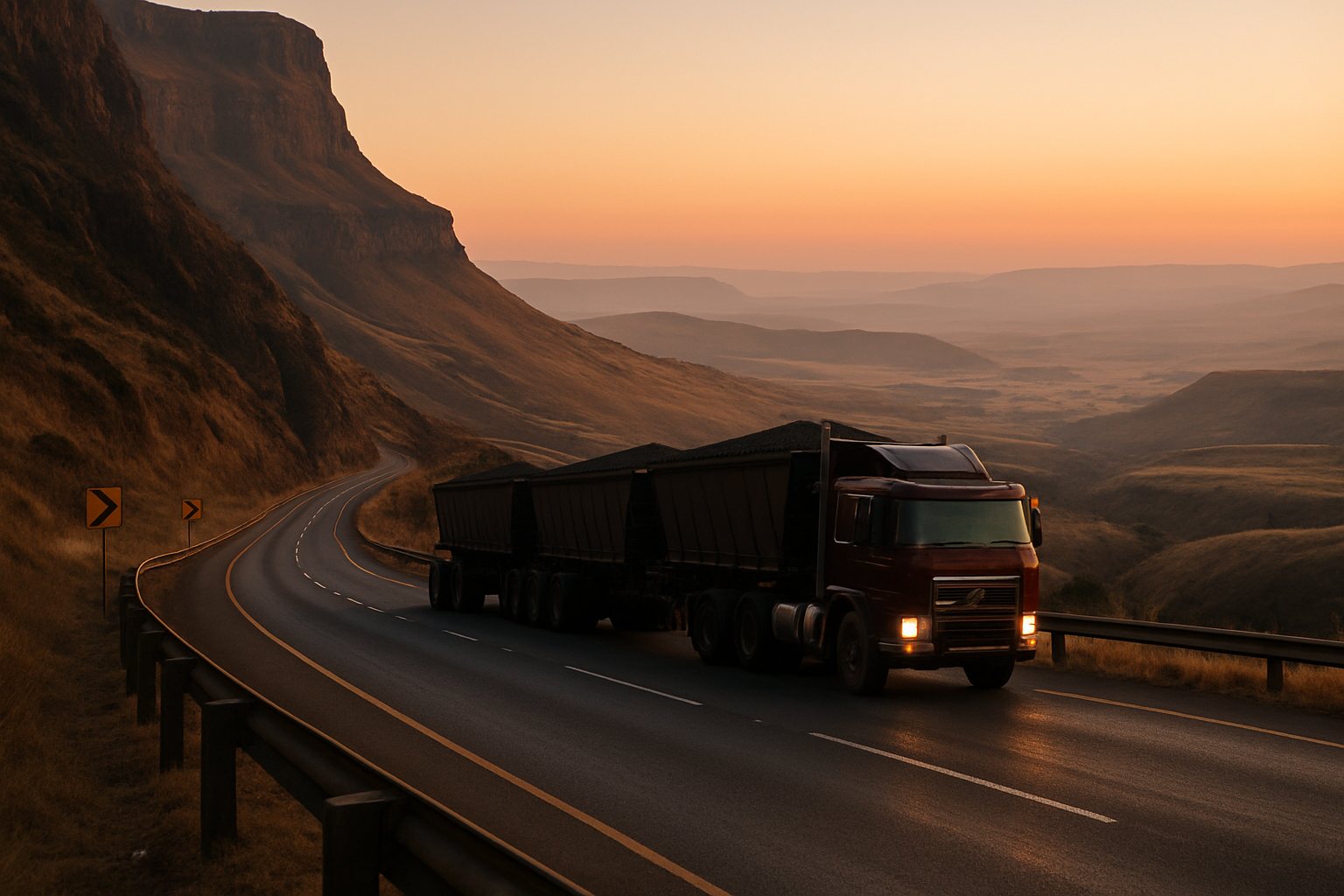 A laden interlink truck descending a steep escarpment pass at dawn on a South African national road, crash barrier and chevron signs visible