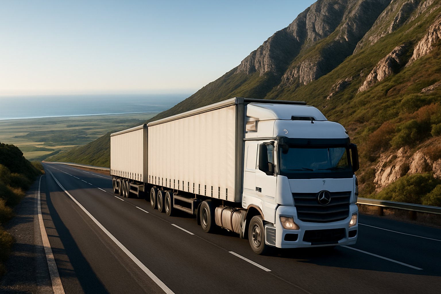 A laden South African interlink truck climbing a Cape mountain pass on the N2, fynbos slopes above and farmland and sea below
