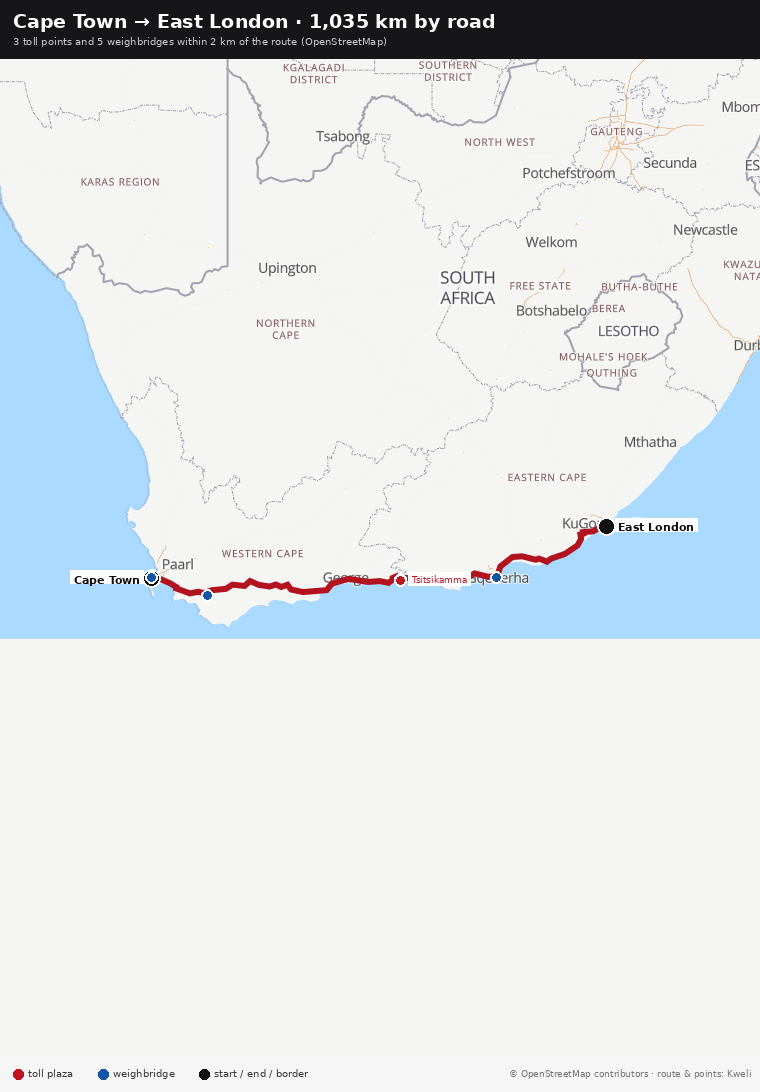 Cape Town → East London · 1,035 km by road — 3 toll points and 5 weighbridges within 2 km of the route (OpenStreetMap)