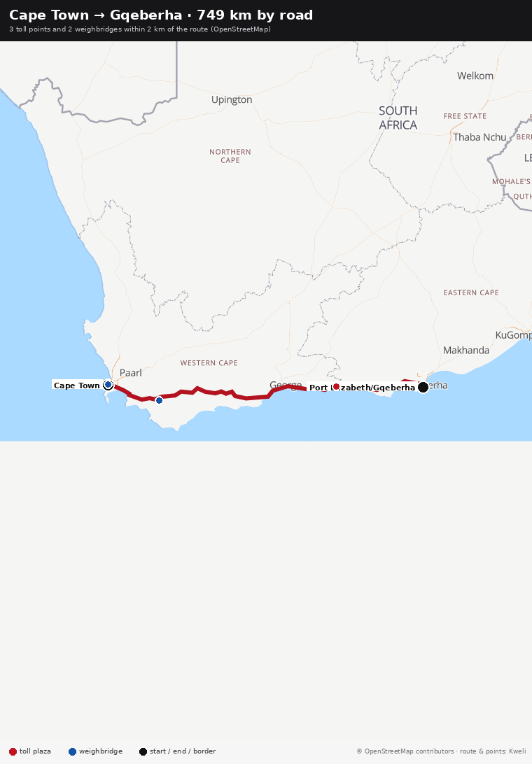 Cape Town → Gqeberha · 749 km by road — 3 toll points and 2 weighbridges within 2 km of the route (OpenStreetMap)