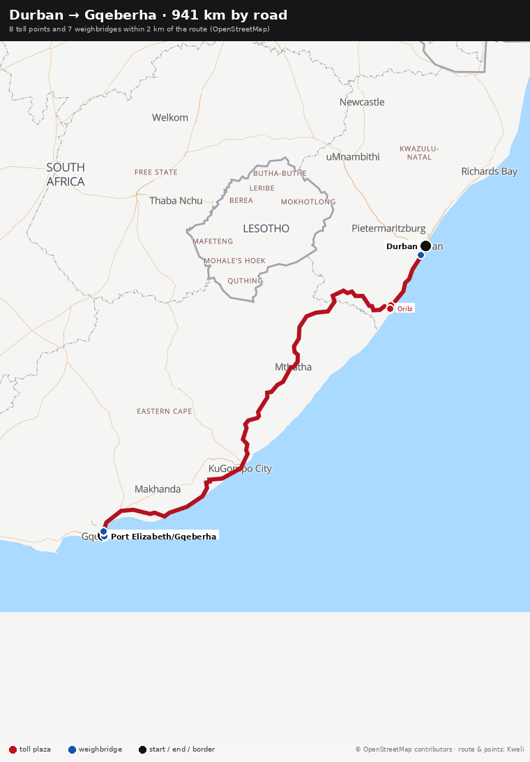 Durban → Gqeberha · 941 km by road — 8 toll points and 7 weighbridges within 2 km of the route (OpenStreetMap)