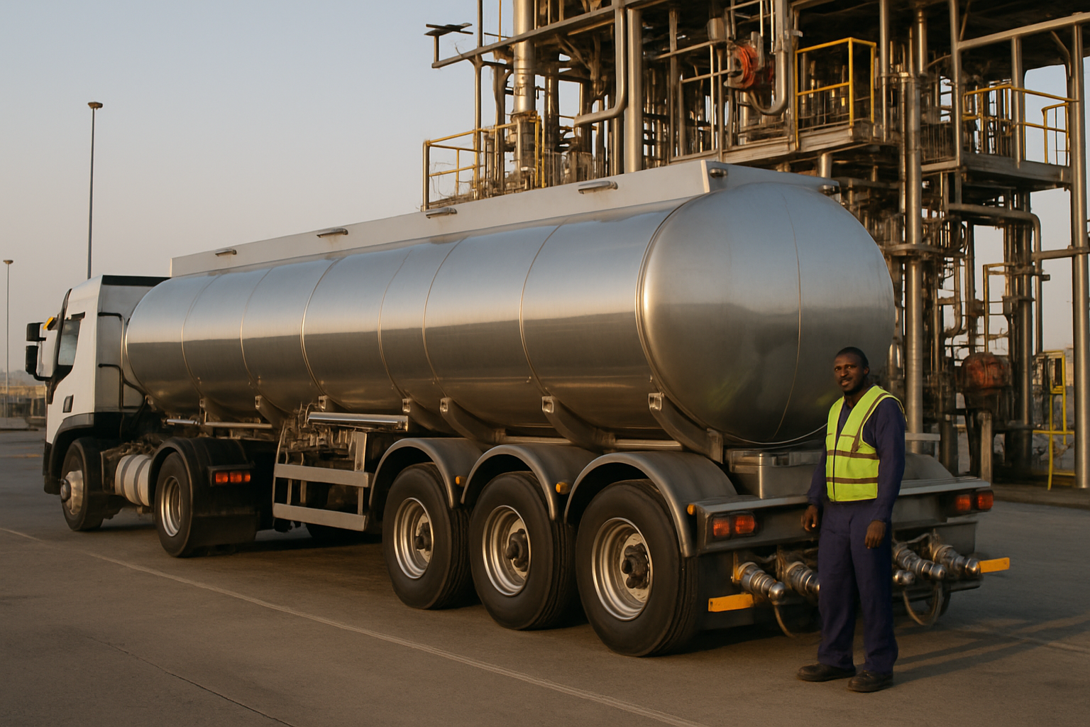 South African multi-compartment stainless steel fuel tanker at a depot loading gantry