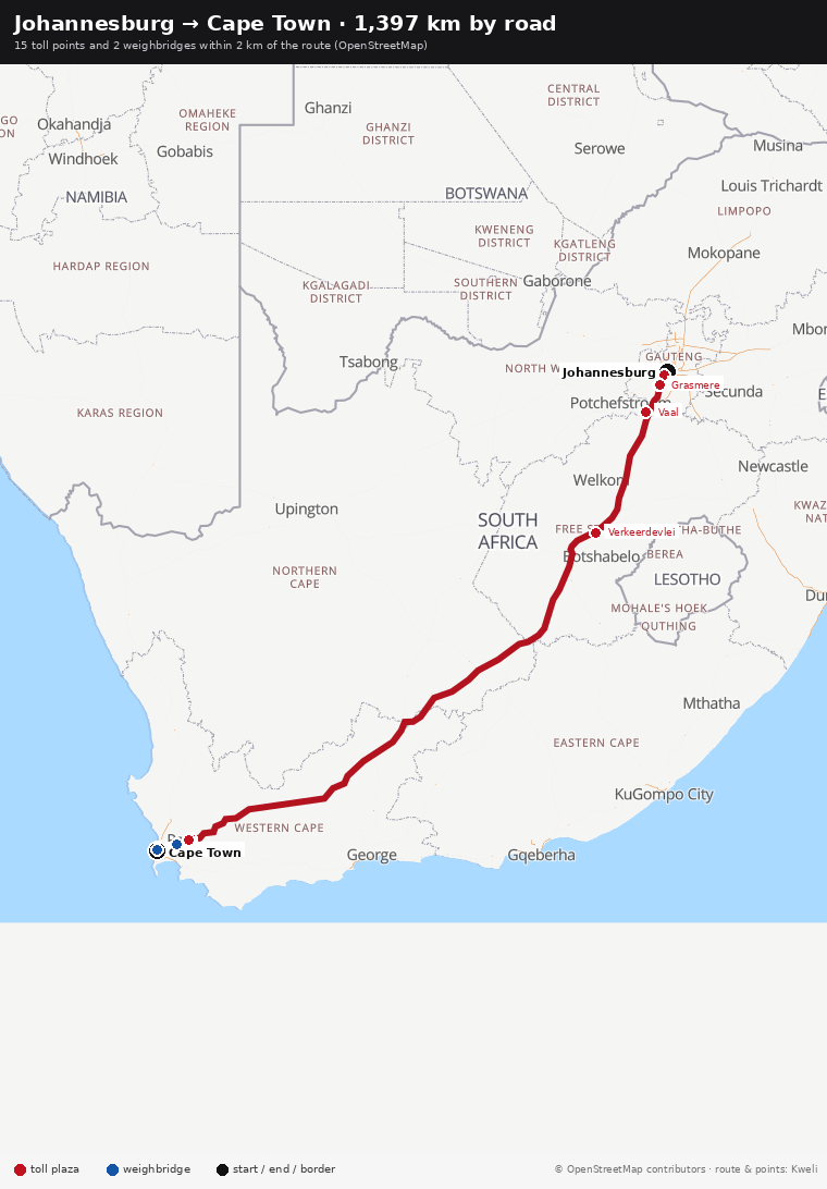 Johannesburg → Cape Town · 1,397 km by road — 15 toll points and 2 weighbridges within 2 km of the route (OpenStreetMap)