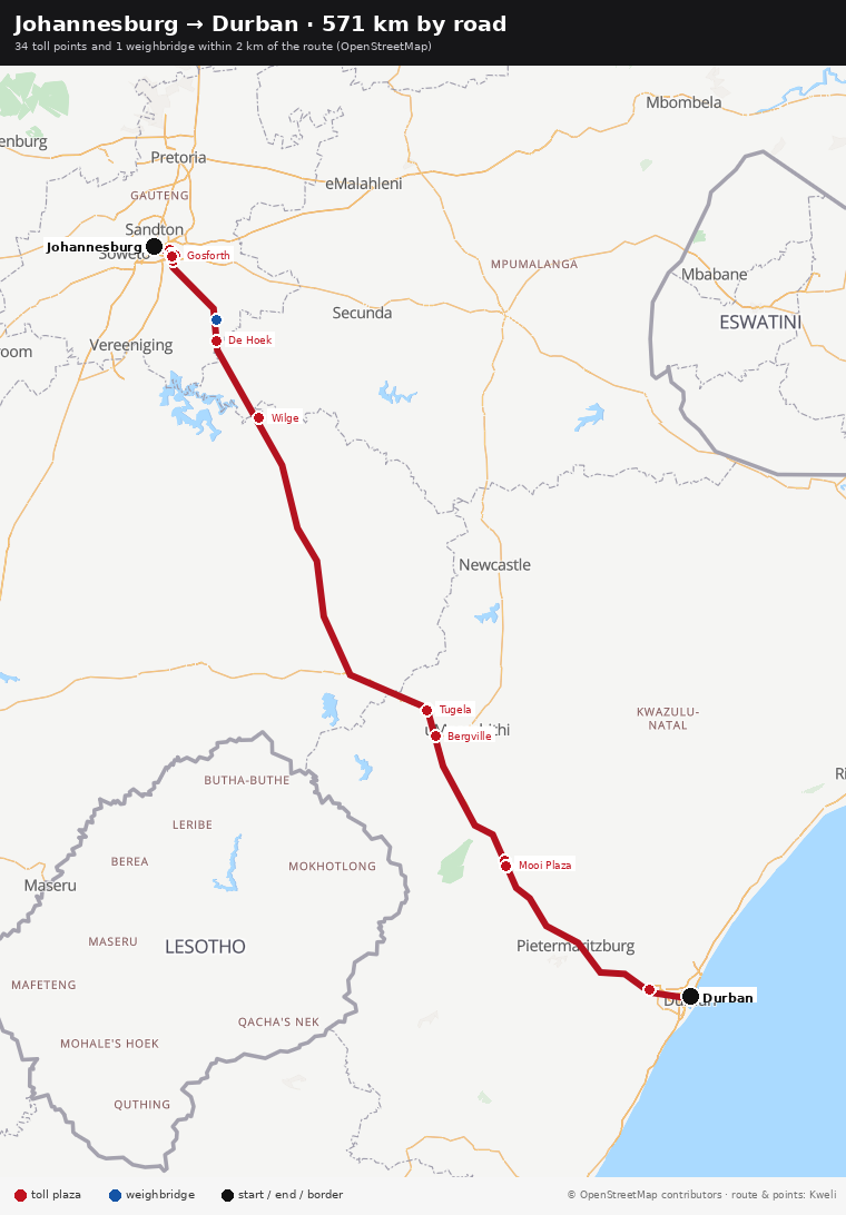 Johannesburg → Durban · 571 km by road — 34 toll points and 1 weighbridge within 2 km of the route (OpenStreetMap)