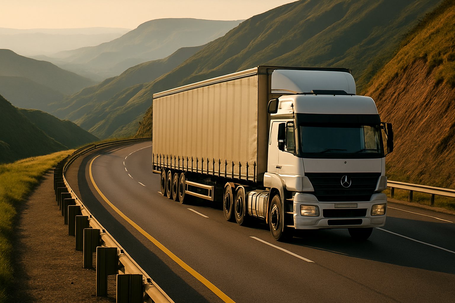 A laden South African interlink truck on the N3 descent through the Drakensberg escarpment, crash barrier along the outer edge