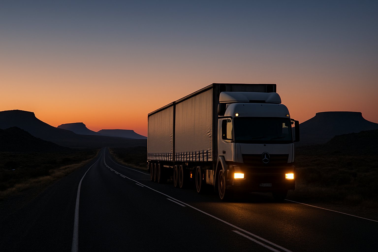 A laden South African interlink truck with headlights on, alone on an empty road across the high Karoo at dusk, flat-topped ridges on the horizon