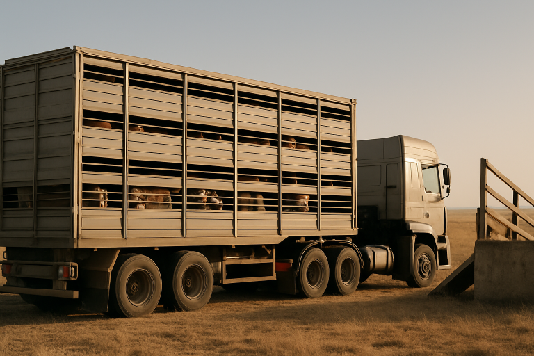 Ventilated multi-deck livestock trailer with cattle, at a farm loading ramp in South Africa