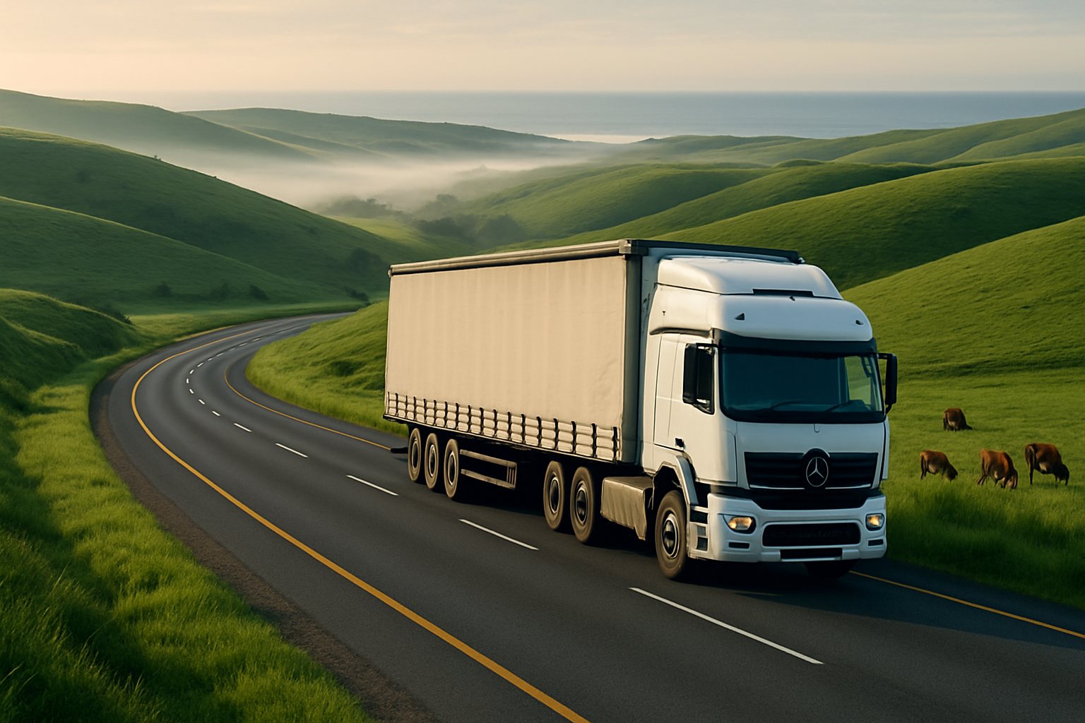 A laden South African interlink truck on a winding two-lane road through the rolling green hills of the Eastern Cape, sea on the horizon