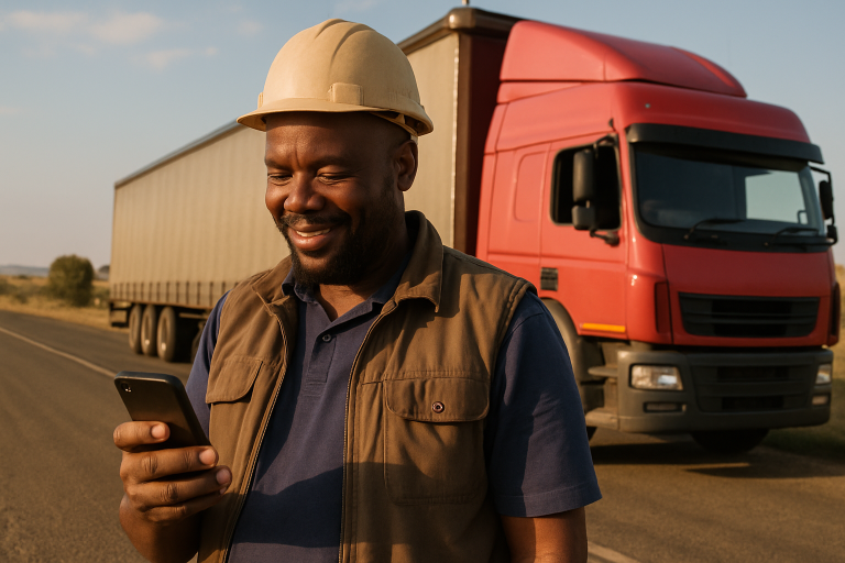 A South African truck operator reading his phone at the roadside, his curtainside rig parked behind him