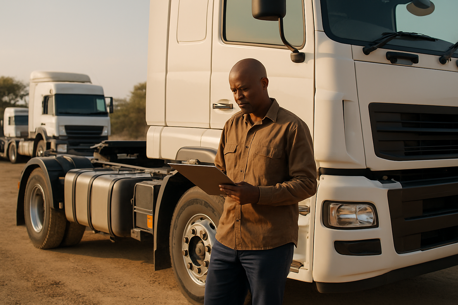 A Southern African owner-operator standing beside his truck-tractor checking paperwork