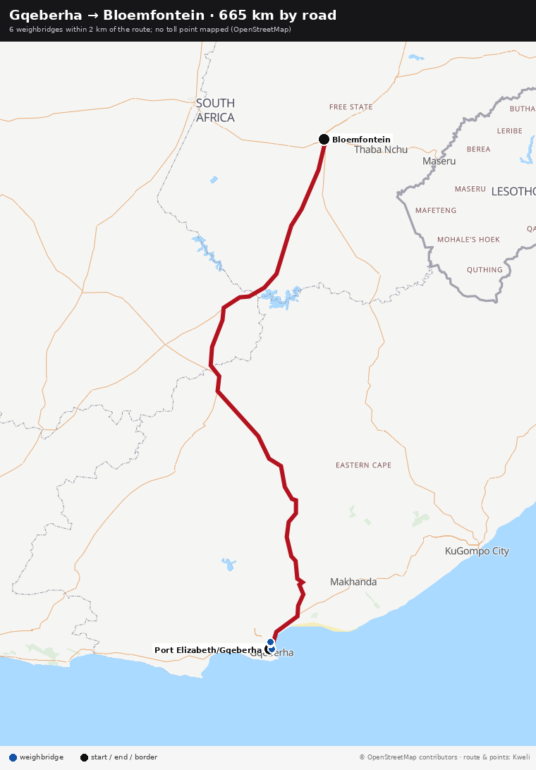 Gqeberha → Bloemfontein · 665 km by road — 6 weighbridges within 2 km of the route; no toll point mapped (OpenStreetMap)
