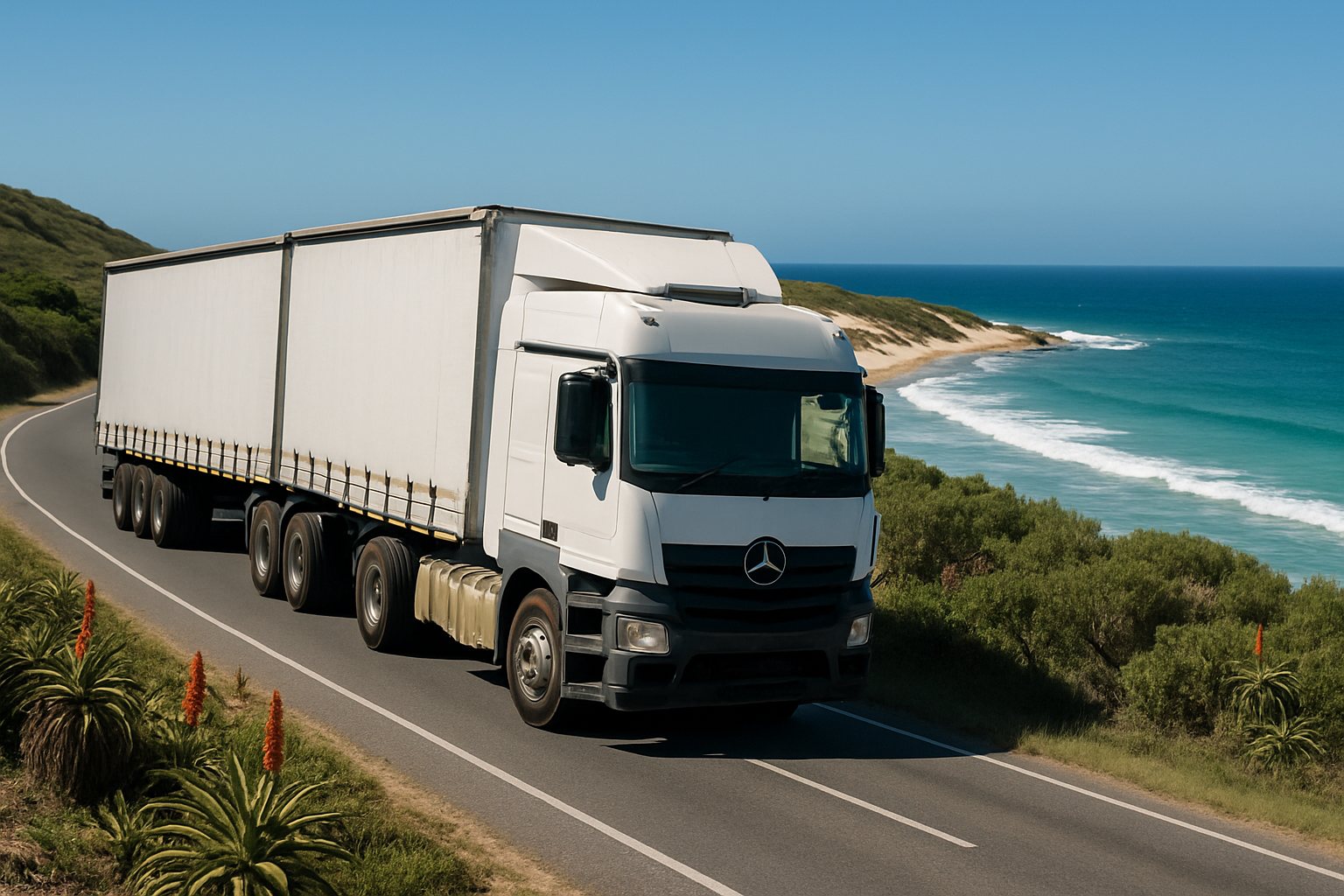 A laden South African interlink truck on a narrow two-lane coastal road with aloes on the verge and the Indian Ocean beyond