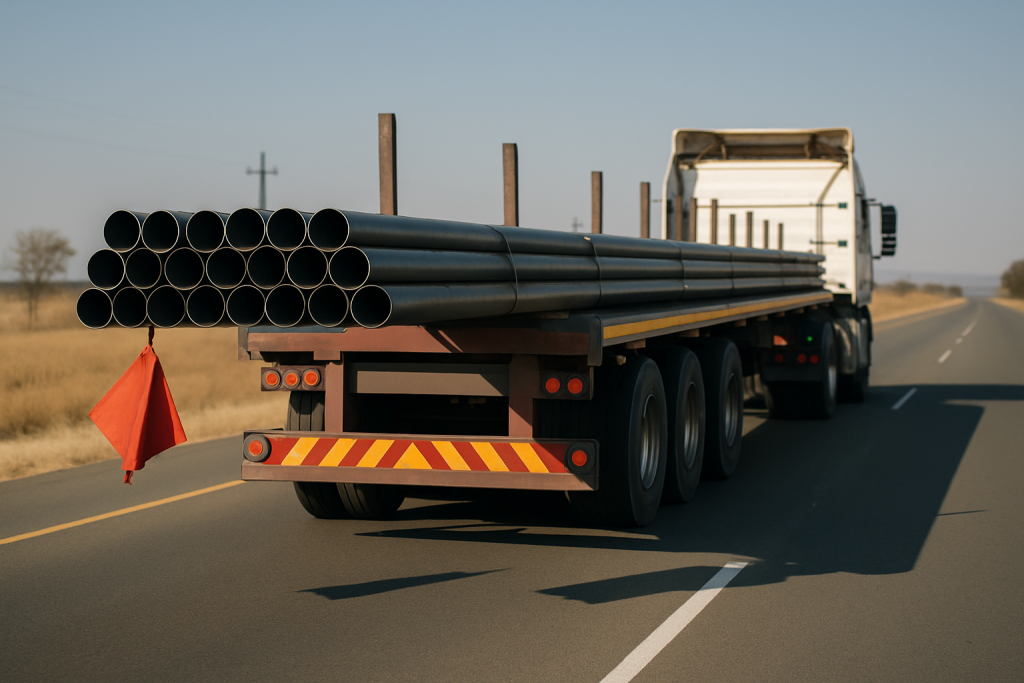 Steel pipes projecting past the rear of a flatdeck trailer with a red warning flag tied to the projecting end