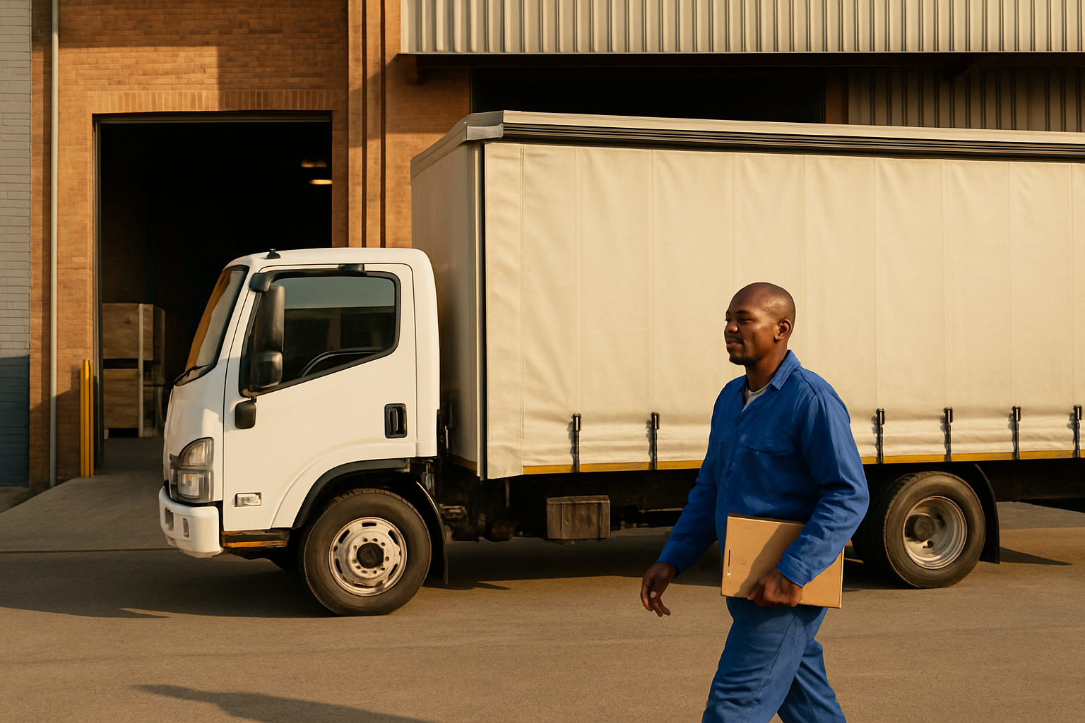 South African rigid truck with a curtain-side body on a single chassis at an industrial loading bay