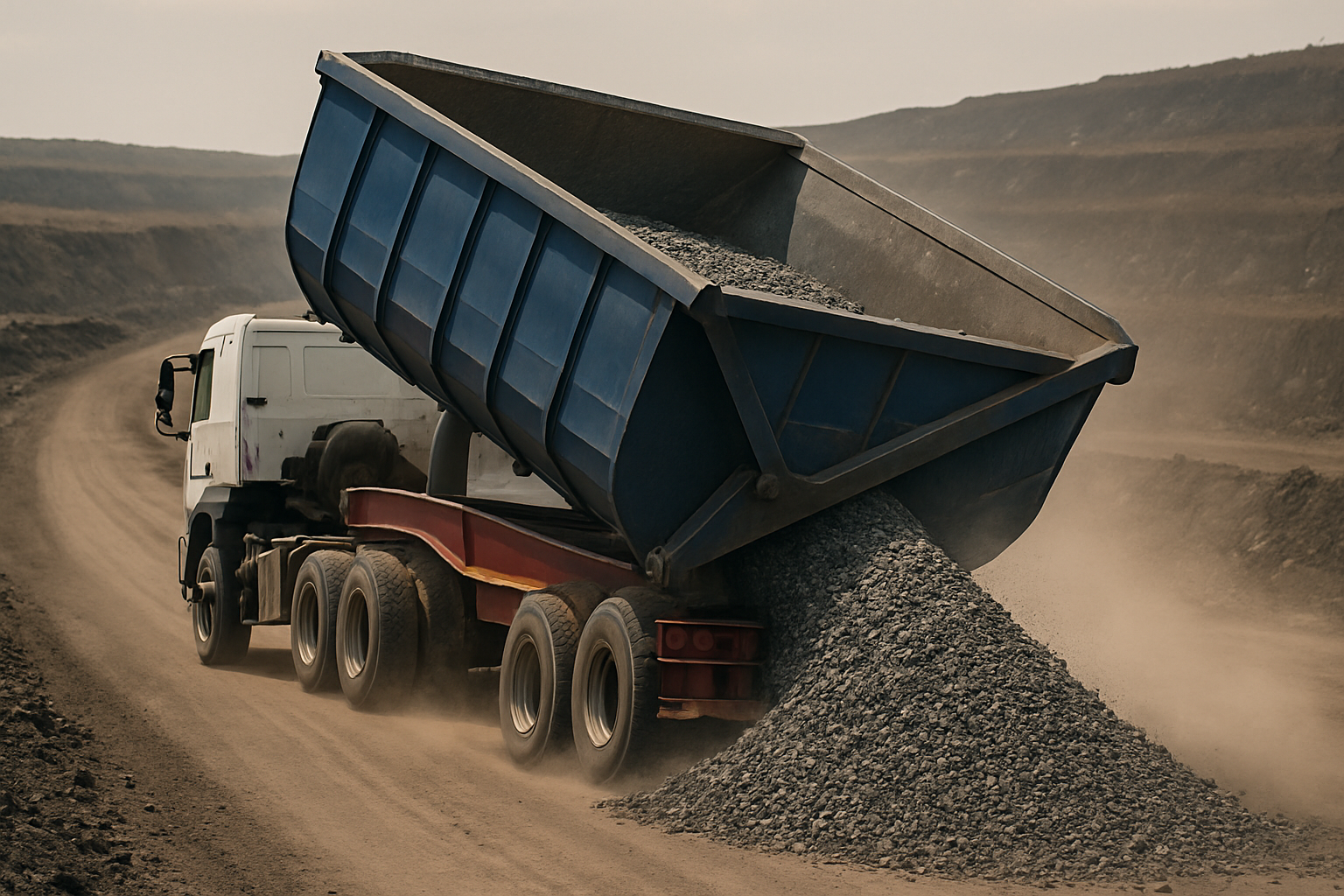 South African side tipper discharging crushed stone sideways alongside the trailer on a mine haul road