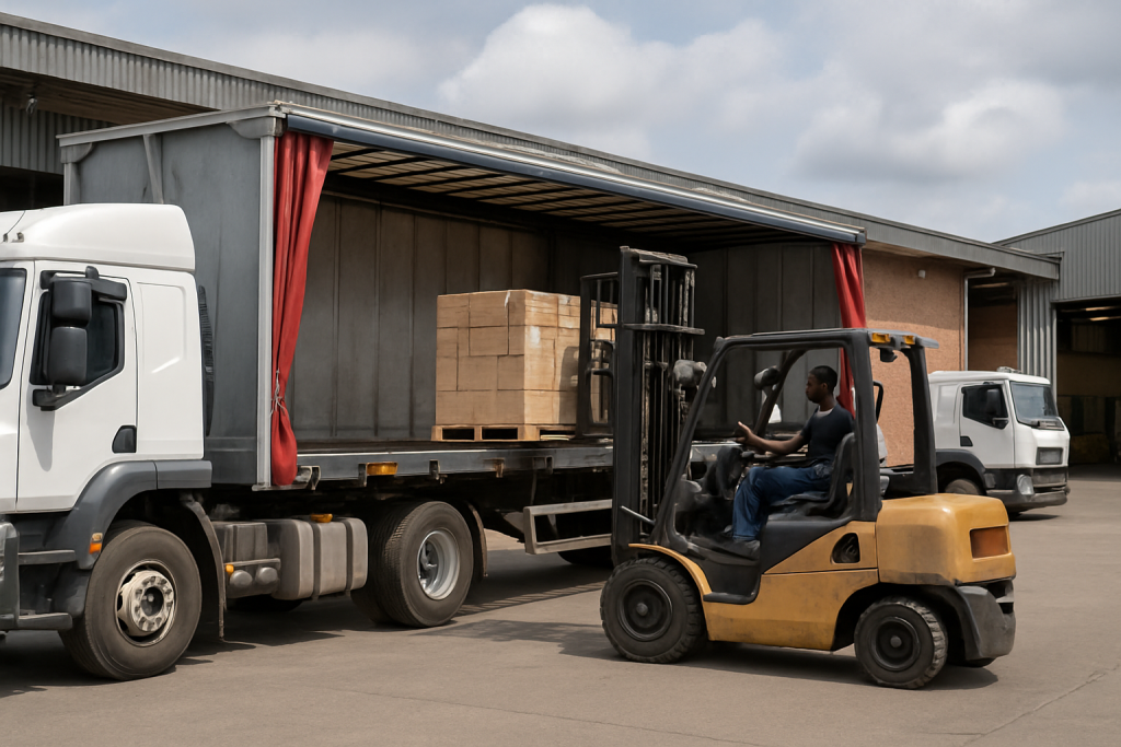 South African tautliner trailer with the curtain drawn open while a forklift loads palletised cargo from the side