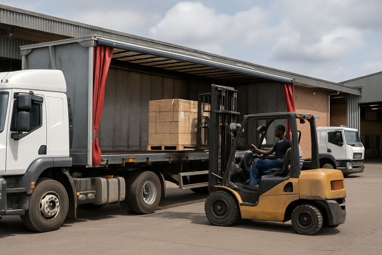 South African tautliner trailer with the curtain drawn open while a forklift loads palletised cargo from the side