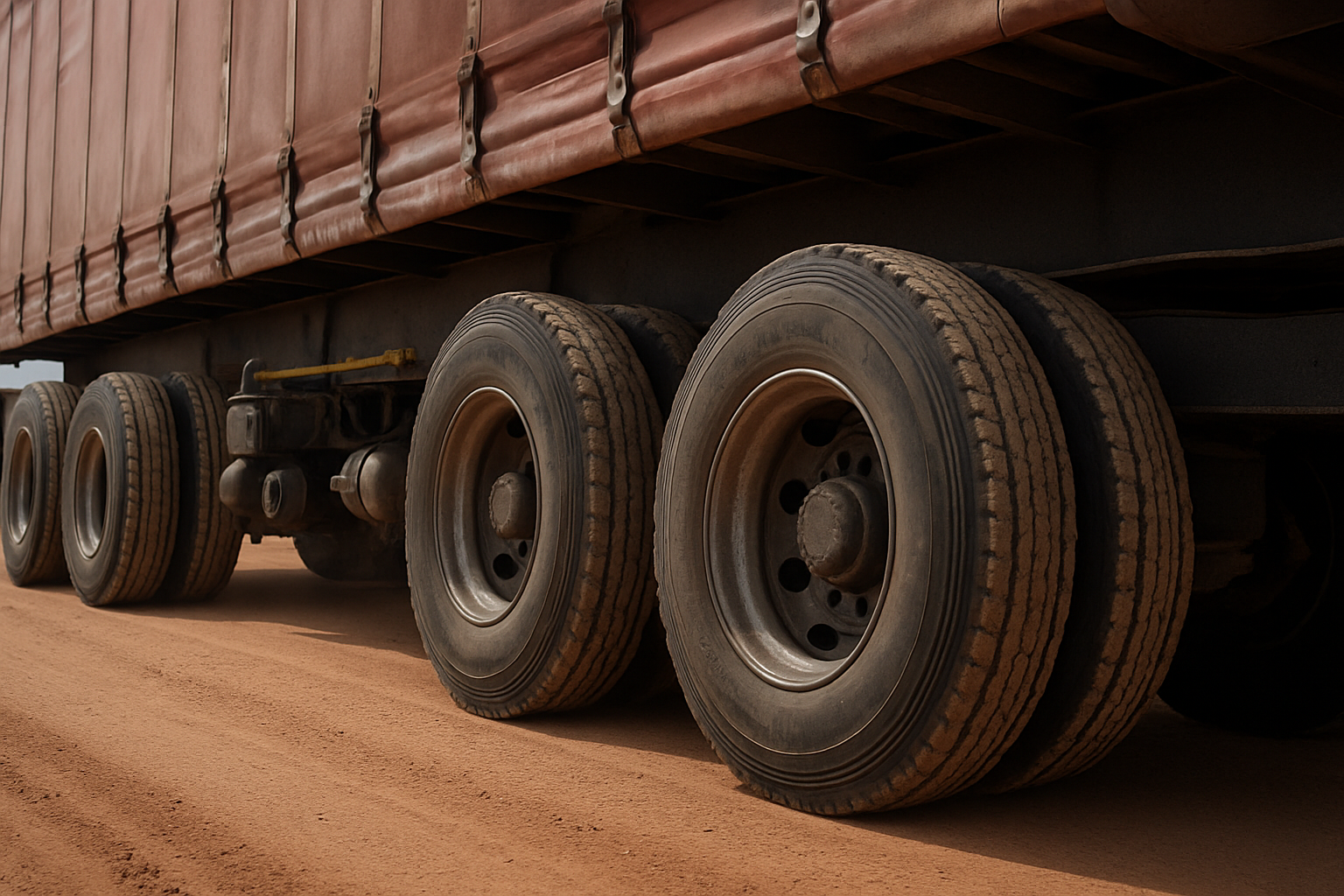 Close view of a loaded semi-trailer running dual wheels on each axle, on a gravel road in South Africa