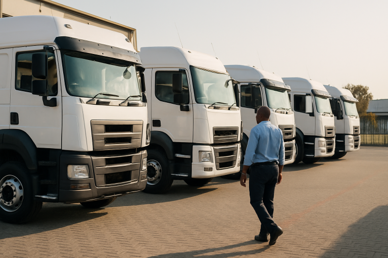 Row of new heavy truck-tractors on a South African dealership forecourt with a buyer walking the line