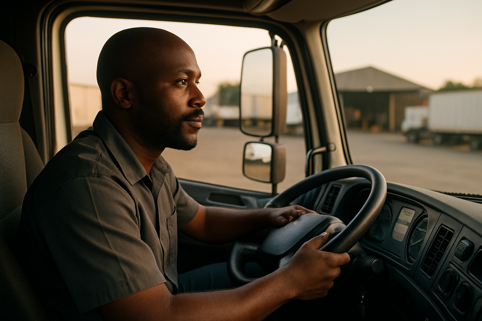 A South African long-haul truck driver in the cab of a right-hand-drive truck-tractor in early morning light