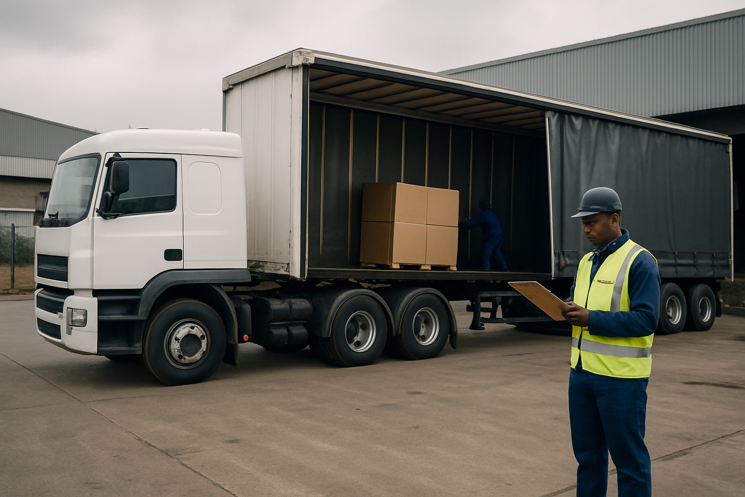 Curtain-side truck being loaded at a depot in Gauteng with a loading supervisor alongside