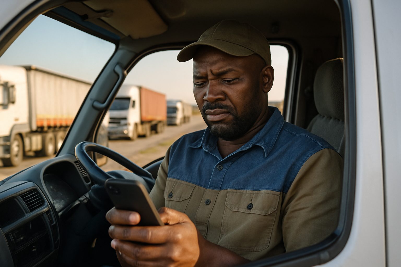 A South African truck driver checking load messages on his phone in the cab