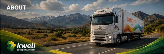 A Synesys-liveried truck on an open road below a Southern African mountain range, under the Kweli Corridor Network mark