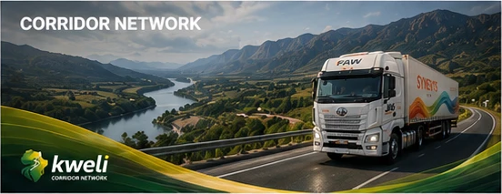 A Synesys-liveried truck on a Southern African corridor road above a river valley, under the Kweli Corridor Network mark