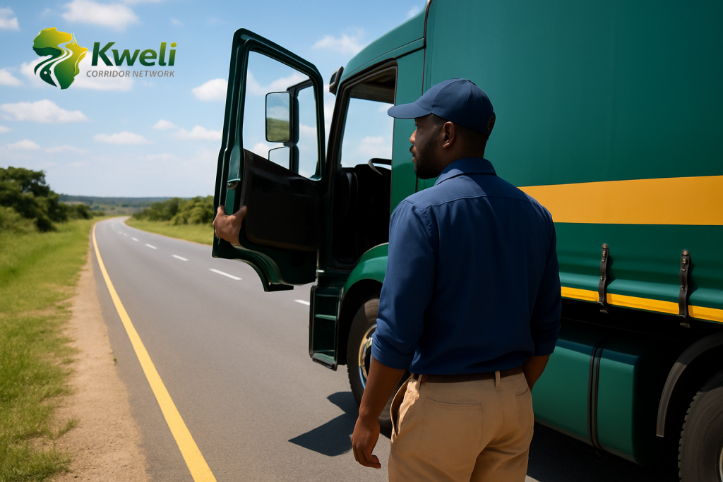 A South African truck driver standing at the open door of his Kweli-liveried truck in bright daylight, looking out along the road ahead