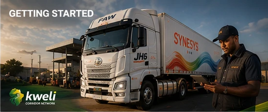A driver checking his phone beside a Synesys-liveried truck at a filling station, under the Kweli Corridor Network mark
