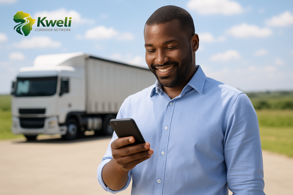 A South African transport operator standing outside in bright daylight, smiling at his phone, a curtain-side truck on the yard behind him