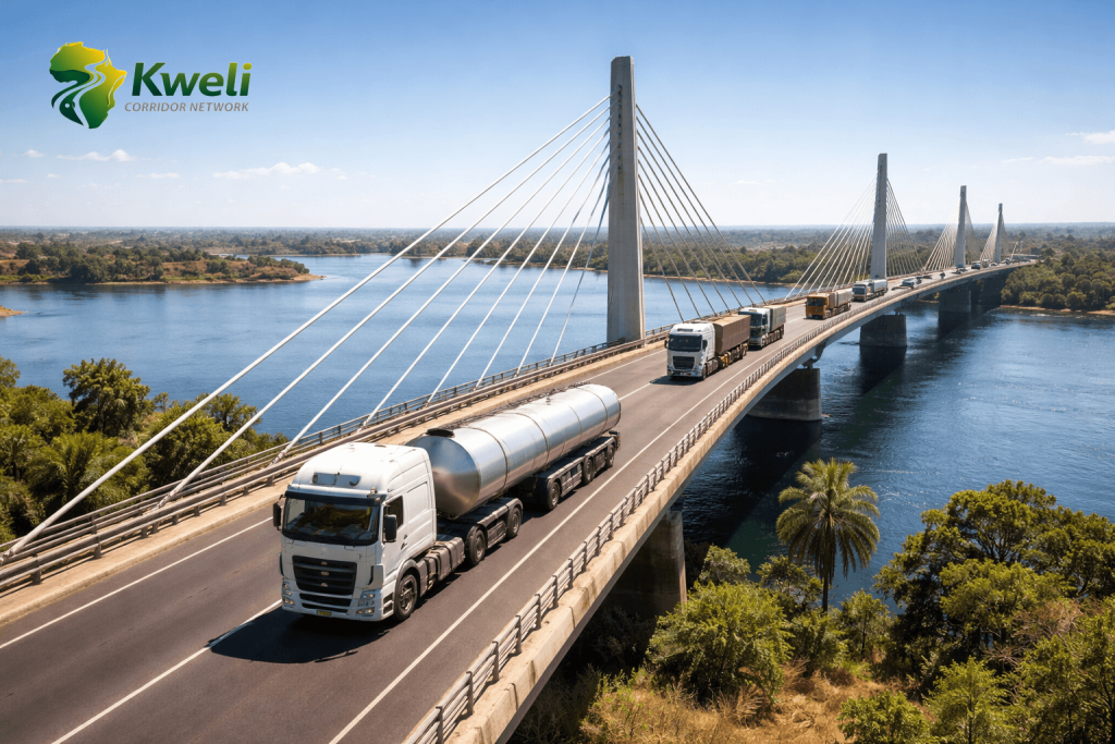 Freight trucks crossing the Kazungula Bridge over the Zambezi in bright daylight, on the SADC north-south corridor