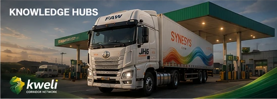 A Synesys-liveried truck on a filling station forecourt, under the heading Knowledge Hubs and the Kweli Corridor Network mark